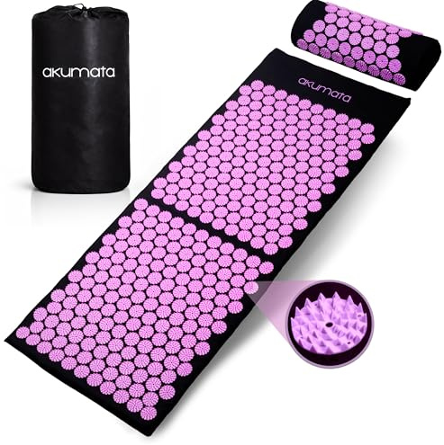 Akumata XL Tapis d'Acupression Kit - Grand Tapis Acupression Champ de Fleurs et Coussin Acupression pour Massage Lombaire | Tapis de Massage pour le Dos | Massage et Relaxation - Noir & Chiné