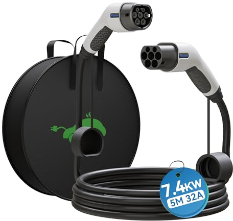 Miracle EV Connctor Cavo Ricarica Auto Elettrica Tipo 2, modalità 3 / 32A / 7.4 KW / 1 Fase / 5 Metri, Cavo Tipo 2 di Ricarica Compatibili con Quasi Tutte Auto Elettriche e Ibride（Bianco）