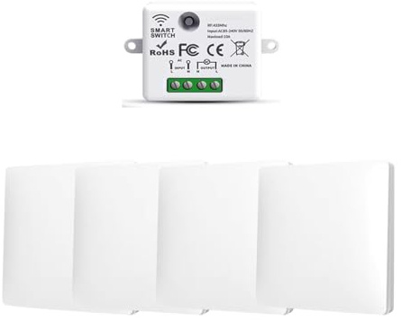 RF433 Funk Lichtschalter Set, Funkschalter Batterielose, Funk-Sender-Sicherheitsschalter und Empfänger-Controller 10A, Funk Schalter 240V, Wandlichtsschalter, Funk-Lichtschalter (4 Way Kit)