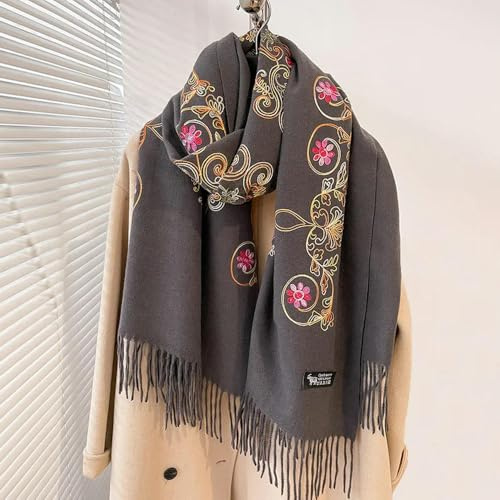 NYSDM Bufanda Bordada de Lujo Mujer, Pashmina Gruesa y cálida para el Cuello, Manta Larga con Flecos para Mujer, Chal Suave