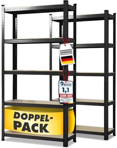 OfficeMarshal, doppio set di scaffali per carichi pesanti neri, 180 x 90 x 40 cm | Scaffale a incastro, scaffale da magazzino, scaffale a terra, sistema a incastro montabile senza attrezzi (Lakota)