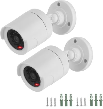 Twilight Garage Dummy CCTV Cameras, 2 Packs Fake Simulated Surveillance Bullet Security Camera with Realistic Red Flashing Light Sensor Waterproof for Indoor or Outdoor Use