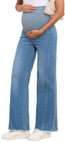 BLENCOT Maternity Jeans for Women Over Belly Straight Leg Adjustable Waisted Flare Denim Spring Summer Work Cotton Frayed Comfy Pregnancy Boyfriend Jean Tall with Pockets X-Large Dark Blue