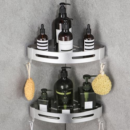 Hoomtaook Estanteria Ducha sin Taladro 2 Piezas, Adhesivo Estante Ducha Esquina con 2 Ganchos para Baño, Plata