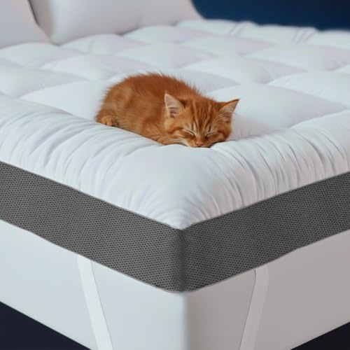 HYPREST 4 Inch Mattress Topper Queen, Thick Cooling Cotton Pillow Top with 2000 GSM Shredded Memory Foam - Soft & Supportive for Back Pain Relief，Non-Slip Bottom