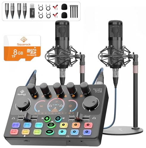 Podcast Equipment Bundle for 2, Audio Interface with 8GB Memory Card and XLR Condenser Microphones,Stereo,Denoise, RGB,Built-in Recorder, 48V Phantom for Streaming,Podcast Recording,Gaming(RS2i2)