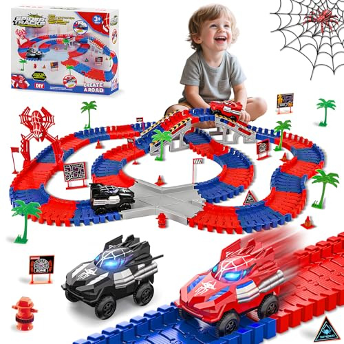Kssvzz Spider Circuit Voiture Enfant 2 3 4 5 6 Ans, Flexible Circuit de Course Electrique Jouet Garcon, Jouet Cadeau Anniversaire Noël pour Enfant 2-8 Ans (212 PIÈCES)