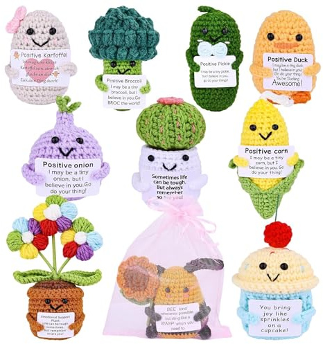 Prdingfy Crochet Encouragement Decor Set – 10PCS Handmade Positive Message Ornaments with Cards & Gift Bags, Bulk Appreciation Keepsake Set for Coworkers, Office Desk Decorative Display