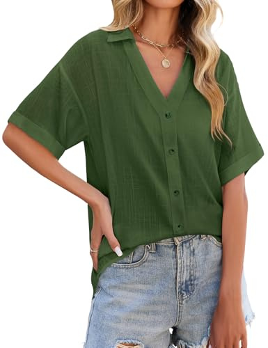 PASUDA Camicia Donna Estiva Lino Camicetta Manica Corta Elegante Blusa Scollo a V Maglietta con Bottoni Moda Casual Tinta Unita Tunica Copricostume Mare Tops(Verde,L)