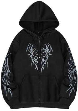 Generisch Felpa con cappuccio da uomo Gothic Punk, Y2K, con chiusura lampo, a maniche lunghe, girocollo, per il tempo libero, invernale, oversize, streetwear, O nero3, L
