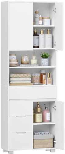 Hzuaneri Meuble Salle de Bain Haut, Armoire de Rangement avec Étagère Réglable, Meuble de Rangement avec 4 Tiroirs et 2 Portes, Commode, pour Salon, Salle de Bain, 30 x 60 x 190 cm Blanc SC15503X