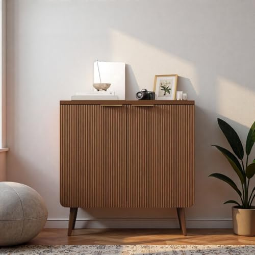ComeWay 29.5 Modern Fluted Sideboard Cabinet with 2 Doors, Wood Storage Credenza with Shelves, Multi-Purpose Buffet Cabinet for Entryway, Dining & Living Room, Walnut