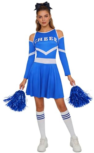 Sywiyi Vuxen dam cheerleading uniform crop top kjol strumpset med poms cheerleading klänning uniform metallisk glänsande kläder
