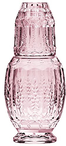 Elle Décor 310123PK Vintage Nachttisch Wasserkaraffe mit Becher - eleganter Krug und passendem Trinkglas dient auch als Deckel für Gästezimmer, Büro - ein Geschenk, rosa