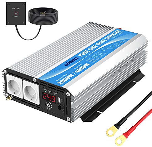 GIANDEL Power Inverter 24v 220v Onda Sinusoidale Pura Invertitore di Potenza 2000W con telecomando & 2 presa AC e Porte USB per auto,camper
