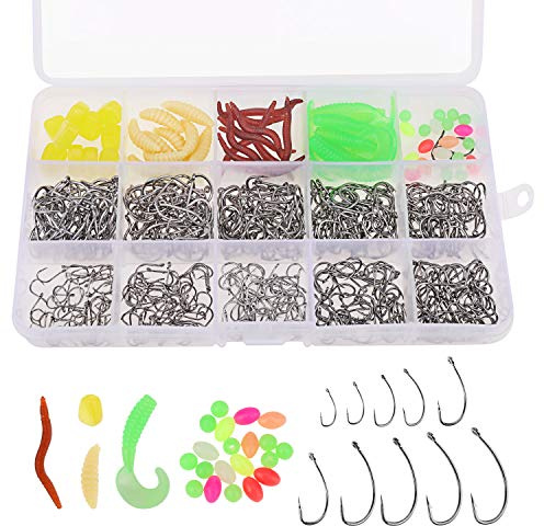 550pcs Fishing Hooks and Fishing Bait set, High Carbon Steel Fish Hooks with Plastic Box(500pcs/10 Sizes 3#-12# Barbed Hooks), 4 Style Soft Plastic Worms, for Freshwater Saltwater Fish Tackle