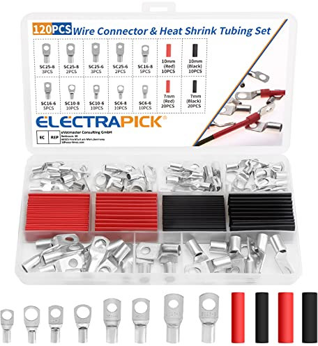 electrapick 120PCS Bolt Hole Tinned Copper Terminals Set-Wire terminals Connector Cable lugs Ring Battery SC Terminals Set Marine Grade Cold-Pressed Crimp Type (Silver, 60+60 Pcs)