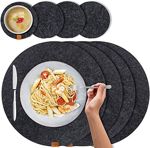 C100AE 8er Set Filz Tischset Abwaschbar Platzsets 4 Rund Platzdeckchen 34x34 cm, 4 Glasuntersetzer Filz rutschfest und Filzuntersetzer Hitzebeständig Dunkelgrau Anthrazit