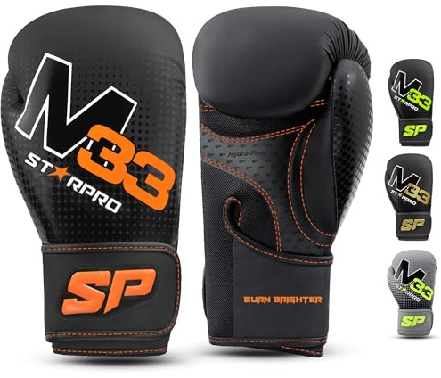 Gants de Boxe en Cuir PU Synthétique Mat pour la Formation Professionnelle en Muay Thaï Kickboxing Fitness et Boxercise au Sac de Boxe - Hommes et Femmes - Noir et Vert (Noir Mat/Orange néon, 16oz)