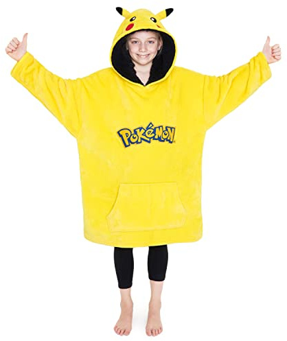 Pokémon Sweat à Capuche Oversize Enfant, Pikachu Sweat Plaid Polaire Chaud, Poche Kangourou, Pull Poncho Hiver (Jaune/Noir Pikachu)