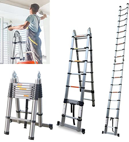 Teleskopleiter 5m Klappbar mit Stabilisator, Rutschfester Klappleiter Sprossenleiter Stehleiter Mehrzweckleiter aus hochwertiges Edelstahl, 150 kg Belastbarkeit (2,5+2,5m)