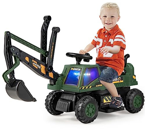 DREAMADE Sitzbagger für Kinder mit Schaufel, Kinderbagger zum draufsitzen mit eingebautem Ablagefach, Sandbagger Schaufelbagger, Aufsitzbagger mit Licht Musik Hupe, für Kinder ab 3 Jahren (Grün)