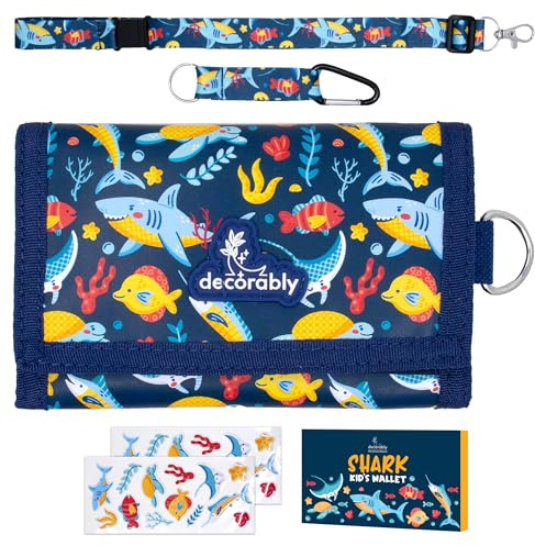 Decorably Trifold Shark Boys Wallet for Kids with Lanyards, Multi-Compartment with Zipper Bill and Coin Pockets, Card Slots, ID Window, Info Card and Stickers - for Birthday Gifts, Party Favors