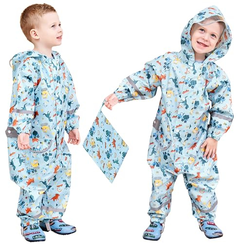 Domueay Kids Puddle Suit Baby Boys Waterproof All in One Raincoat Hooded Breathable Lightweight Rain Suit Cartoon Muddy Suit with Zip for Children Toddler 1-3 Years, Blue Dinosaur