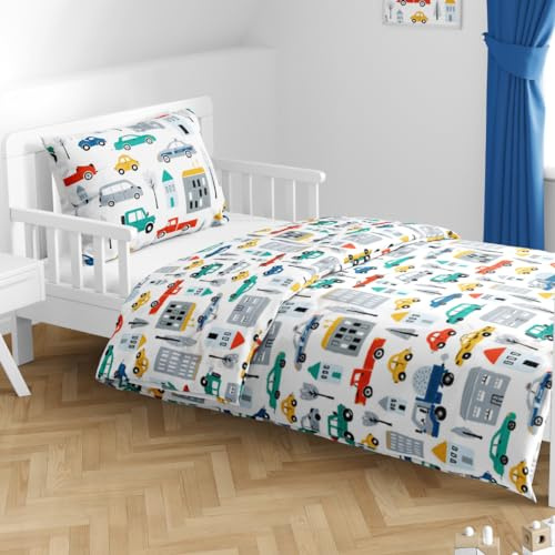 MTOnlinehandel barnsängkläder 100 x 135 tillverkade av 100 % bomull – sängkläder för barn, bil, bil, grävmaskin, fordon, glada, färgglada för pojkar, babysängkläder polis och byggplats
