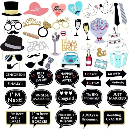 52Pcs Funny Wedding Selfie Props Set Bridal Shower Party Photo Props Decorations Stylish Wedding Photo Booth Props Kit Engagement Photo Accessories