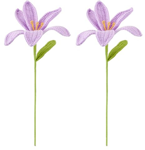 FINGERINSPIRE 2 Bouquet de Fleurs de Lys Artificielles Faites à la Main en Coton Tricoté avec Fil de Fer, Fausses Fleurs de Lys Lilas Au Crochet pour Décoration de Maison, de Mariage, Cadeau Floral