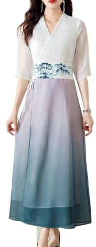 Summer Dresses for Women Chinese Style Tea Dress Zen Style Improved Hanfu Waist Dress for Women Cheongsam Elegant Gradient Dress Ink Landscape Print Dress Holiday Dresses,Blue,XXL