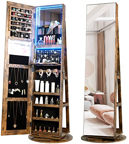 Vlsrka LED Schmuckschrank Stehend, 360° Drehbarer Schmuckschrank mit Spiegel, Schmuck Spiegelschrank Abschließbar, Moderne Schmuckspielgelschrank Holz, Geschenke für Damen, 3 Farben LED-Licht (Braun)
