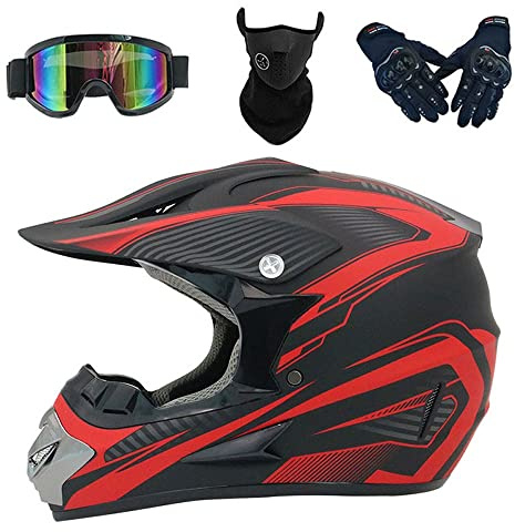 HKFBHFKM Kids Motocross Helmet, Full Face ATV Helmet with Goggles Mask Gloves (L, 56-57cm), Red, Compatible with Motorcycle, ATV, Dirt Bike