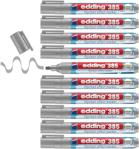 Edding 385 marcatore per flipchart da effetti speciali - grigio argento - 10 penne - punta flessibile a pennello 1-5 mm - marcatore per evidenziare, ombreggiare e marcare su carta per flipchart