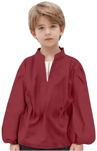 Lace up Medieval Shirt Tunic Costume Kids Boys Long Sleeve V Neck Blouse Tops Teenagers Boys Renaissance Costumes Vintage Comfy Loose Children Maxi Blouse 3-14 Years