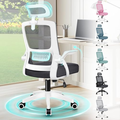 ELFORDSON Ergonomic Office Chair, Mesh Desk Chairs with Headrest Lumbar Support, Executive Computer Swivel Chairs with Flip-up Armrests, Comfy Seat, Height Adjustable, Rocking for Home, Black & White