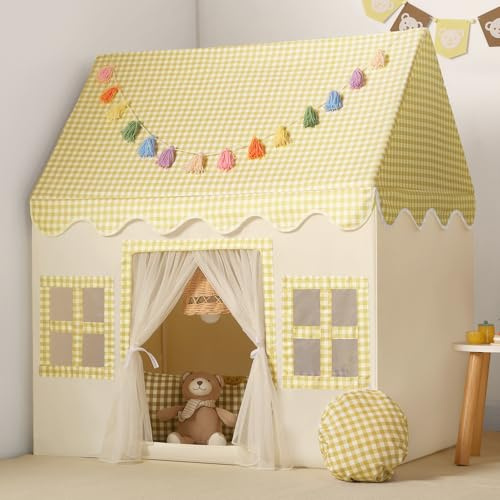Wilwolfer Tienda de campaña Infantil: Jugar en Interiores y Exteriores - Tipi Casita Infantil con Guirnalda de borlas y Alfombra - Casa Grande para Niñas y Niños