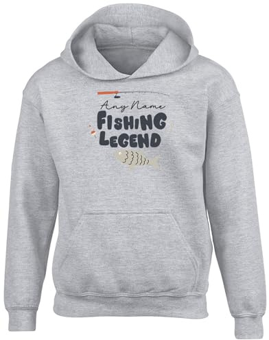 Shopagift Personalised Any Name Fishing Legend Kids Hoodie Hoody Hooded Top Boys Girls Grey