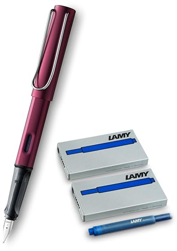 Lamy AL-star black Füller – Füllhalter mit ergonomischem Griff & schwarzer Stahlfeder in Strichbreite F – leichtes Aluminiumgehäuse – inkl. Tintenpatrone (Feder Fein + 10 Patronen Blau, black purple)