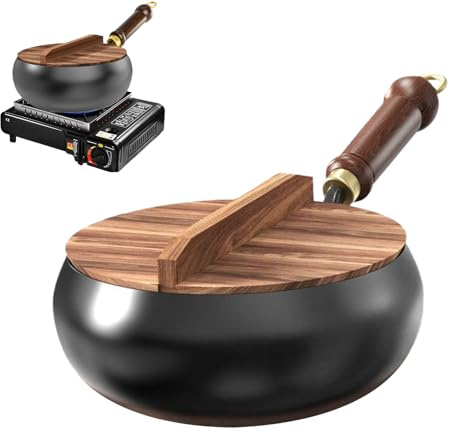 Järnugn med träskydd – 24 cm ej -lagers krukor | Japansk spis från non-stick-| Kinesisk platt wook med lock och spatel för, restaurang, camping