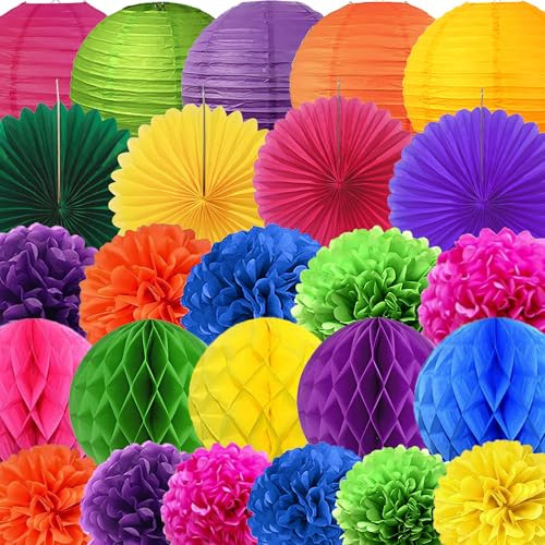 YBwanli Juego de decoración colorida para fiestas,24 piezas:farolillos de papel,abanicos papel,bolas de panal,Aplicable a decoracion cumpleaños,decoracion carnaval,fiesta mexicana decoración mexicana