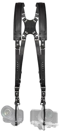 Jerliflyer Professionale Doppia Tracolla per Fotocamera, Cinghia Fotografia Doppi Spallacci, Fotografiche Cinghia PU Pelle, Sgancio Rapido, Regolabile DSLR SLR Camera per Fotografo (Nero)