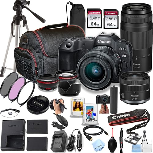 Canon EOS R8 24.2MP Full-Frame CMOS Sensor Mirrorless Camera with 24-50mm + 75-300mm Lenses, 128GB Memory, Tripod, Stabilizing Grip, Filters, Lenses, Case, Software, More (Premium Bundle) (Renewed)