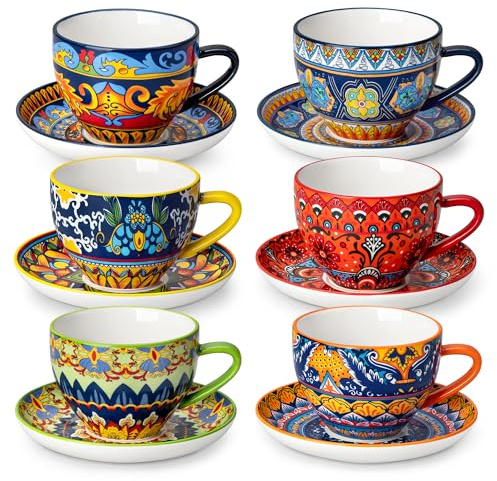 vancasso KRVI Cappuccino Cup, 8oz/240ml Porcelain Cup and Saucer Set of 6 | Coffee Cup Set, Espresso Cup, Cappuccino Cup, Mugs Suitable for All Kinds of Drinks, Microwave & Dishwasher Safe