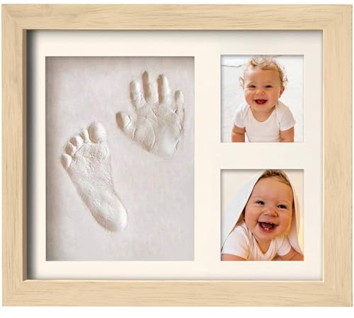 PewinGo Baby Handabdruck und Fußabdruck Set, Gipsabdruck Baby Hand und Fuß mit Echtholz Bilderrahmen- Perfekte Geschenkidee für Kleinkinder, Mütter und Väter, Erinnerungen für die Ewigkeit-Oak