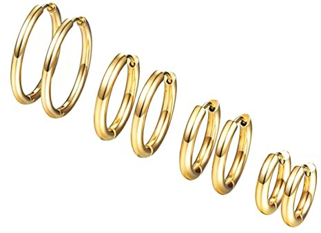 PROSTEEL 4 Paare Creolen Ohrringe Set Huggie Kreolen Ohrringe Edelstahl Hoop Klappcreolen Ohr Piercing 10mm 14mm 16mm 20mm 4 Größe Set, gold