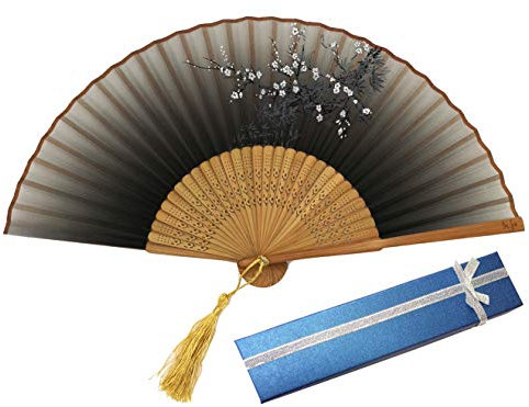 Libetui Handfächer japanisches Stil Motiv Pfirsichblüte Fächer Dekofächer Bambus und Stoff Klappfächer Sommer Feste Party Hochzeit Hand Fan mit Geschenkbox