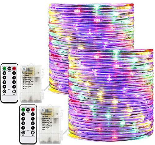 RcStarry Outdoor Rope/Wire Lights MultiColor, 33Ft 8 Modes Battery Operated Dia 3MM Rope Lights Outdoor Waterproof Fairy Lights with Remote Control for Tree Bedroom Christmas Garden Decoration, 2 Pack