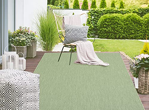 Mia's Teppiche Lara - Alfombra Robusta para Exteriores, Resistente a la Intemperie y a los Rayos UV, para Balcones, terrazas e invernaderos, Tejido Plano, Verde D1, 80 x 150 cm